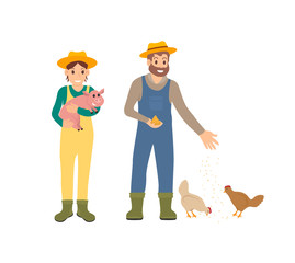 Farmer and Pig Man with Hens Vector Illustration