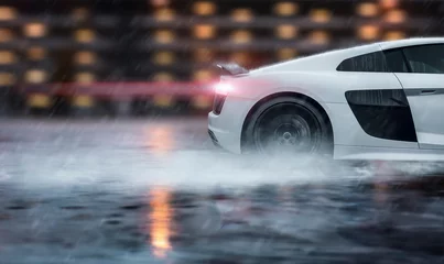 Abwaschbare Fototapete Motorsport Sportwagen rast über nasse Straße