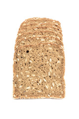 Loaf of fresh sliced multigrain gluten free bread with sesame, flax seeds, isolated on white. front...