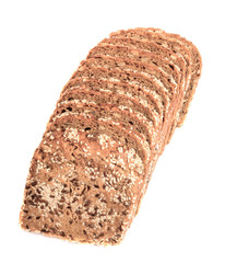 Loaf of fresh sliced multigrain gluten free bread with sesame, flax seeds, isolated on white.