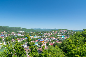 Obraz premium Top view of Arkhipo-Osipovka and Caucasus mountains