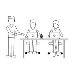 Business coworkers with laptop black and white