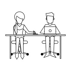 Business coworkers with laptop black and white