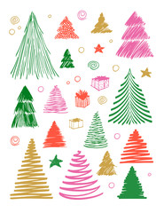 Big set of Christmas Tree doodle. Hand drawn vector conceptual colored graphic sketch illustration. Stock elements for design isolated on white background
