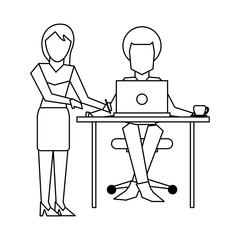 Business coworkers with laptop black and white