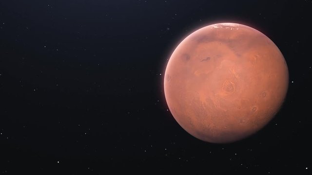 Mars slowly rotating. Realistic red planet globe rotates around its axis. 4k loopable cycle video animation with place for text
