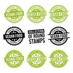 Vegan Food round stamp collection. Badges set. Eps10 vector.