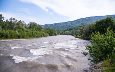 Landscape of a stormy mountain river. The Belaya River, Adygeya, Caucasus