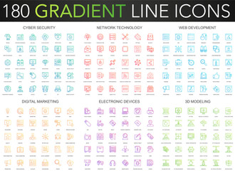 180 trendy gradient vector thin line icons set of cyber security, network technology, web development, digital marketing, electronic devices, 3d modeling icon.