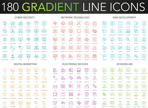 180 trendy gradient vector thin line icons set of cyber security, network technology, web development, digital marketing, electronic devices, 3d modeling icon.