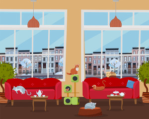 Interior of cat cafe with large windows, comfortable red sofas, tables with tea and coffee. Many cats on furniture and cat house with color scratching rope. Flat cartoon style vector illustration