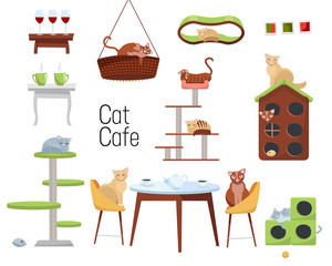 Set of items for cat cafe from different cats and furniture - cat houses and tables with cups of coffee on white background. Cats sit at the table and drink tea. Flat cartoon style vector illustration