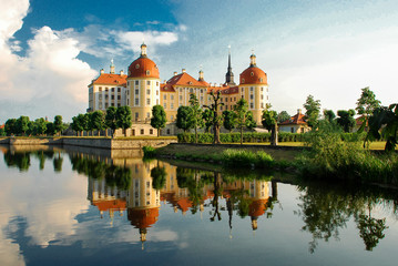 Saxony, Moritzburg castle, park, castle above the lake, lake, reflection in the lake, German architecture, Germany
