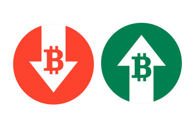 buttons bitcoin rising up and falling down. flat vector illustration isolated on white background