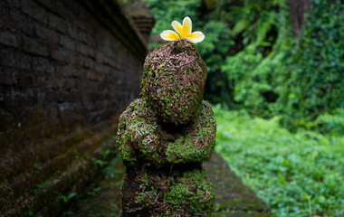 Faceless temple statue overgrown with moss 