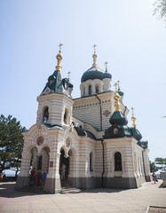 Church of Holy Resurrection of Christ on Red cliff and township Foros on Black sea coast, Crimea, Russia