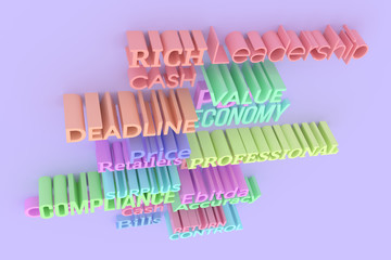Colorful 3D rendering. Abstract CGI typography, business finance related keywords. Wallpaper for graphic design.