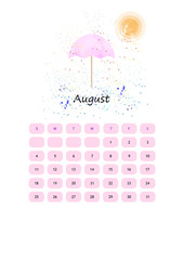 calendar for August is painted in watercolor