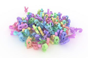 CGI typography, bunch of currency sign, money or profit for design texture, background. Colorful 3D rendering.