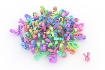 Colorful 3D rendering. Bunch of currency sign represent money or profit. For graphic design or background, CGI typography.