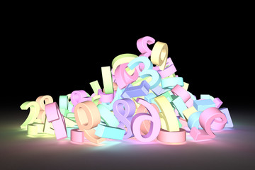 Colorful 3D rendering. Abstract CGI typography, character 123 number. Wallpaper for graphic design.