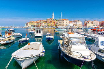 Fototapeta na wymiar view on colorful port of Rovinj, Istria region, Croatia