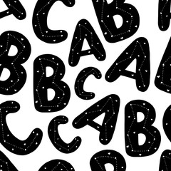 Seamless pattern with black hand drawn space alphabet with stars and hearts for textile, print.