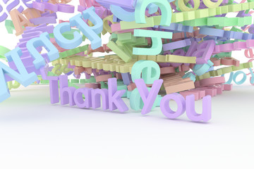 Colorful 3D rendering. Decorative, illustrations CGI typography, character thank you, for design texture background.