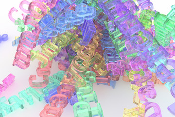 CGI typography, bunch of computer technology related keywords, information overload for design texture, background. Colorful transparent plastic or glass 3D rendering.