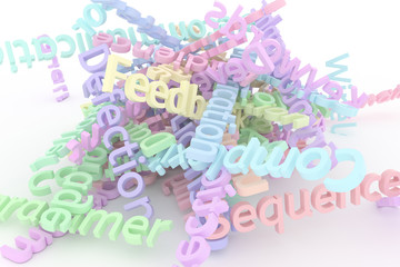 Illustrations of CGI typography, bunch of computer technology related keywords, information overload for graphic design or wallpapers. Colorful 3D rendering.