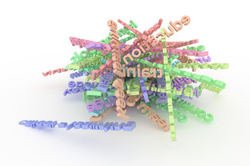 Background abstract CGI typography, bunch of education related keywords for information overload for design, graphic resource. Colorful 3D rendering.