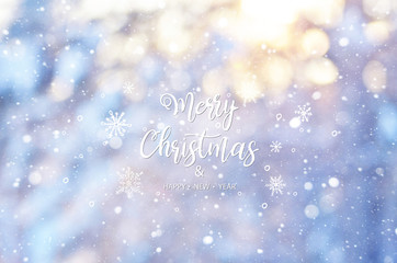 Merry Christmas and Happy New Year. Winter blurred background of trees and snow.