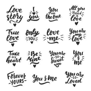 Hand drawn romantic lettering set you are so sweet, love you, true love, forever yours, love story be mine for card, wedding, design, poster, print, sticker, overlay.