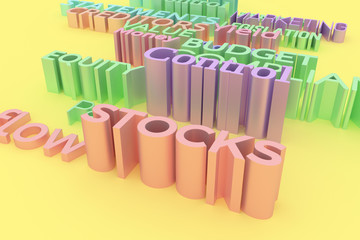 Colorful 3D rendering. CGI typography, finance related, keywords for design texture, background.