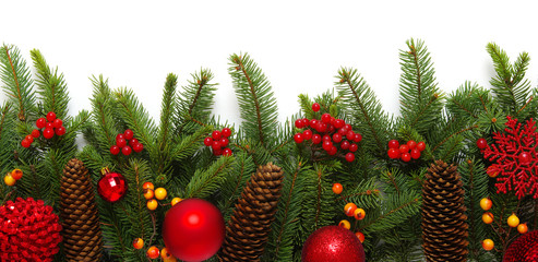 Christmas decoration baubles with branches of fir tree