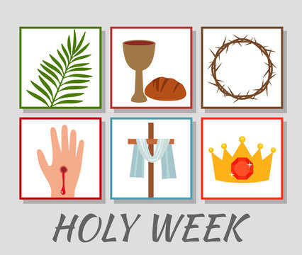 Christian banner Holy Week with a collection of icons about Jesus Christ. The concept of Easter and Palm Sunday. flat vector illustration
