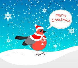 A bullfinch with a festive fur coat and a hat like Santa's is walking in the snow. Flat style bullfinch with text bubble text Merry Christmas on a snowy snowflakes background