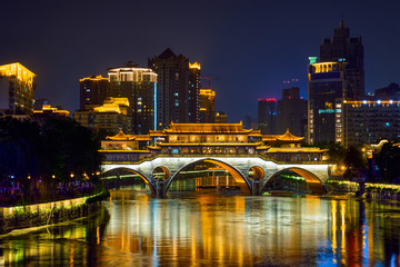 Fototapeta na wymiar Anshun bridge at night, Chengdu, China