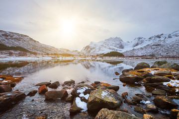 Sunset fjord in winter