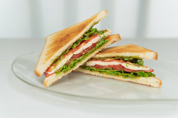  Appetizing vegetarian toasts with cheese, tomatoes and lettuce. Sandwich filled with pesto sauce.