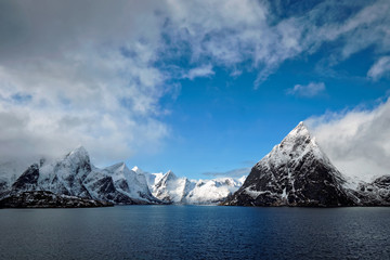 Fototapeta na wymiar Norwegian fjord and mountains in winter. Lofoten islands, Norway