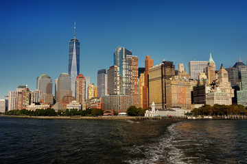 Skyline with famous skyscrapers of Manhattan and East River.