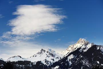 Panoramic view of beautiful winter mountain landscape in the Bavarian Alps