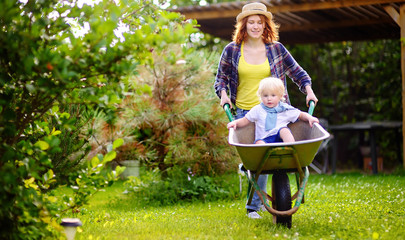 Adorable toddler boy having fun in a wheelbarrow pushing by mum in domestic garden