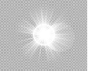 White bright light, glare. Decorative element overlay glitter, explosion, star Shine. Vector design decoration of new year, Christmas. Transparent background.