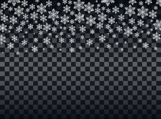 Falling snowflakes on a transparent dark background. Overlay design element. Winter decoration for New Year and Christmas holiday. Vector illustration.