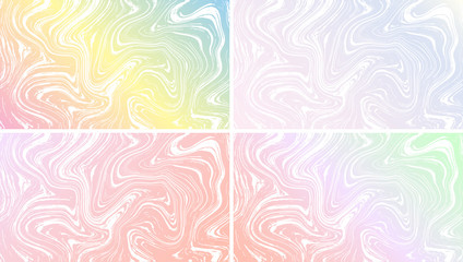 Vector Marble Texture in White and Ombre Pastel Rainbow Colors. Set of 4 Ink Marbling Paper Backgrounds. Liquid Paint Swirled Patterns. Japanese Suminagashi or Turkish Ebru Technique. HD format.