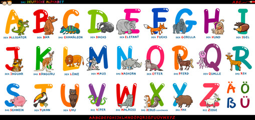 german alphabet with cartoon animals set
