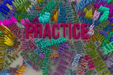 Keyword of Practice. Geometric structure block. For graphic design or background, shape composition. Colorful 3D rendering.
