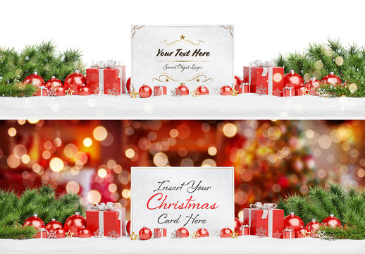 Christmas Card in Snow with Ornaments Mockup